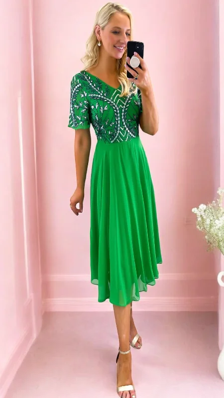 cocktail dress with crystals-4-A1768 Emerald Embellished Flare Dress