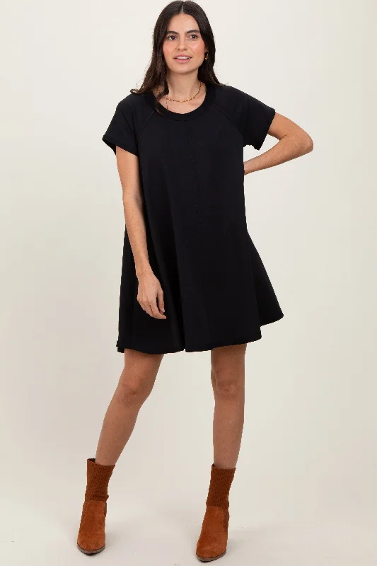 high neck mini dress-Black French Terry Basic Short Sleeve Mini Dress