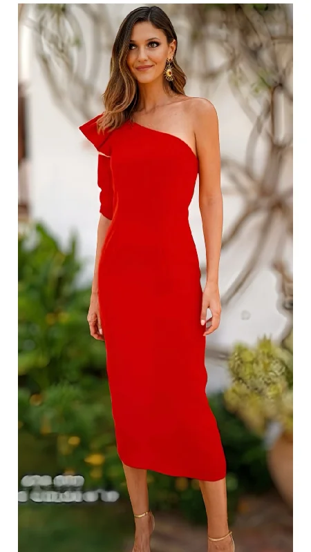 cocktail dress with illusion neckline-4-A1603 Portia Coral Red One Shoulder Dress