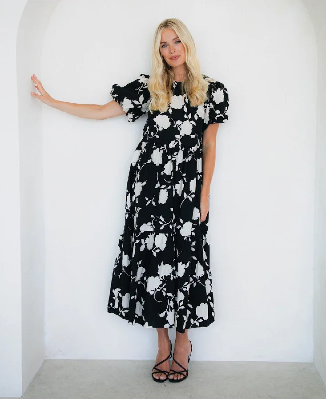 elegant satin midi dress-Mono Floral Cotton Puff Sleeve Midi Dress