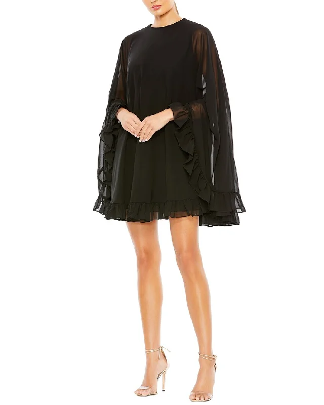 fringe mini dress-Mac Duggal High-Neck Ruffle Hem Cape Mini Dress