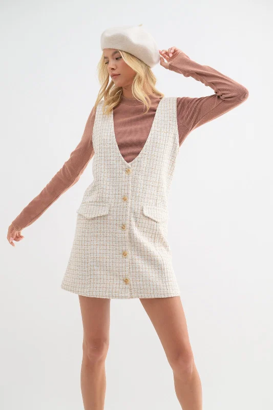 cotton mini dress-Taupe Cream Tweed Button-Up Mini Dress