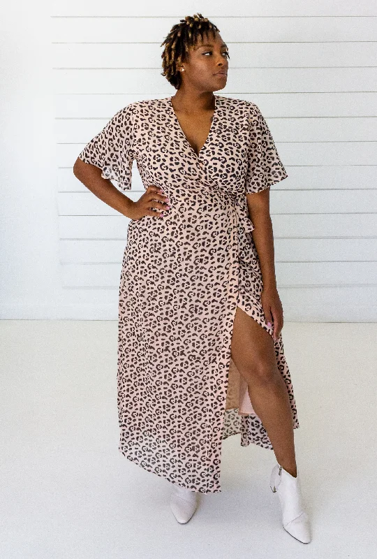 asymmetric hem maxi dress-Leopard Maxi Wrap Dress in Blush + Black