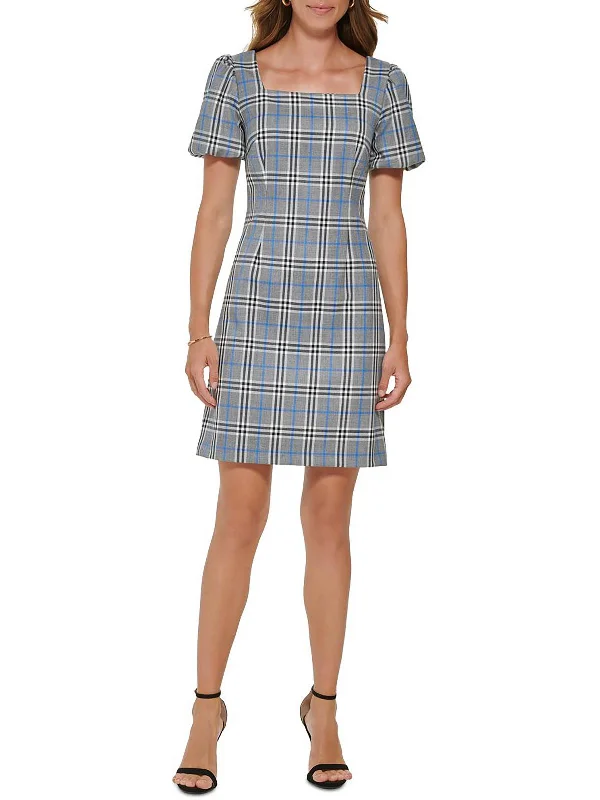 embroidered mini dress-Womens Plaid Mini Sheath Dress