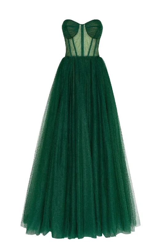 floral bodycon maxi dress-Emerald Green Tulle Maxi Dress with a Corset Bustier