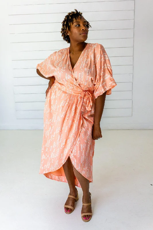 button-down floral maxi dress-Stylized Feather Maxi Wrap in Peach & Cream