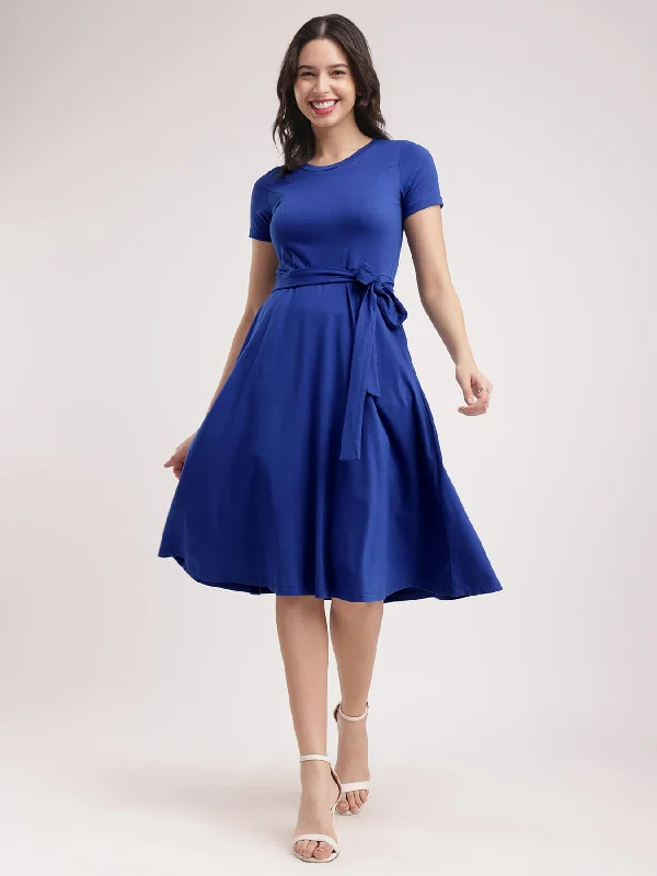 Valentine's Day mini dress-Cotton Knitted Fit And Flare Dress - Royal Blue