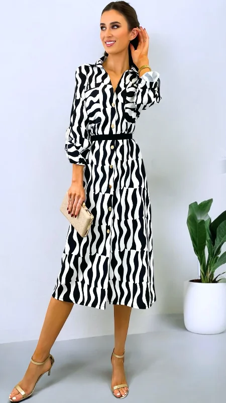 summer cocktail dress-A2046 Lina Black/White Printed Shirt Dress