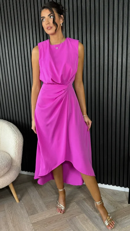 wrap-around midi dress-Angie Hot Pink Gathered Midi Dress