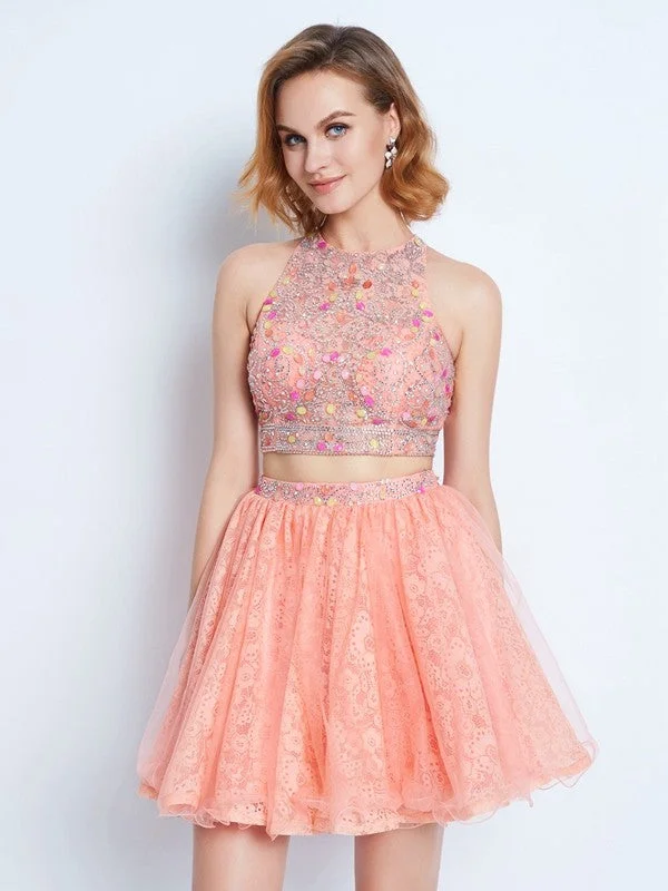 white cocktail dress-A-Line/Princess Jewel Sleeveless Lace Beading Short/Mini Two Piece Dresses