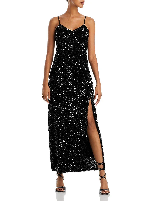 halter neck cocktail dress-Womens Side Slit Long Cocktail and Party Dress