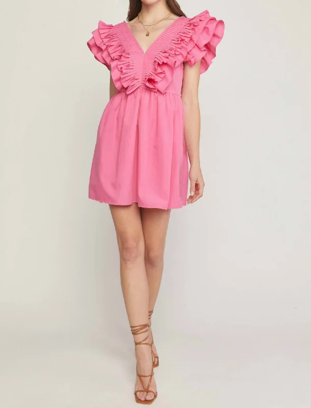 ethnic mini dress-Kristen V-Neck Ruffle Sleeve Mini Dress In Pink