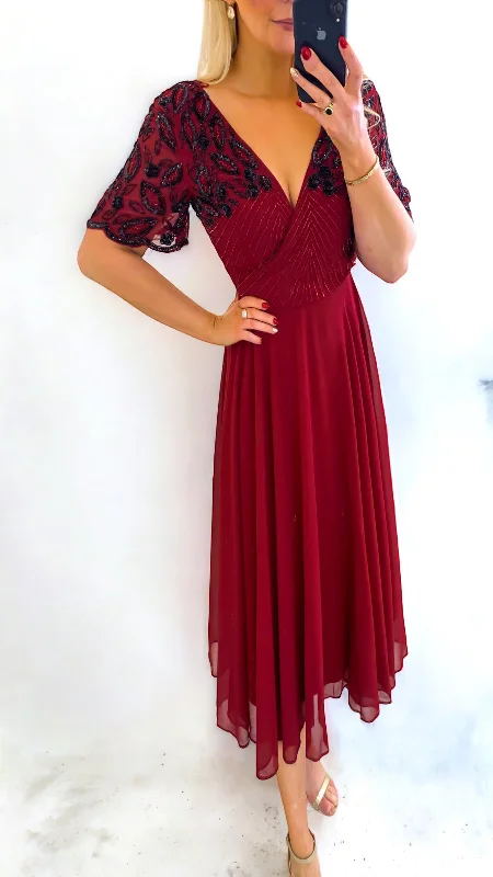 cocktail dress with tulle overlay-4-A1299 Tilly Burgundy Embellished Dress