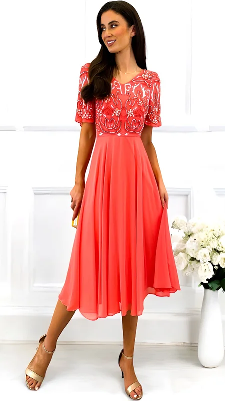 cocktail dress with asymmetrical hem-5-A1807 Coral Embellished Flare Dress