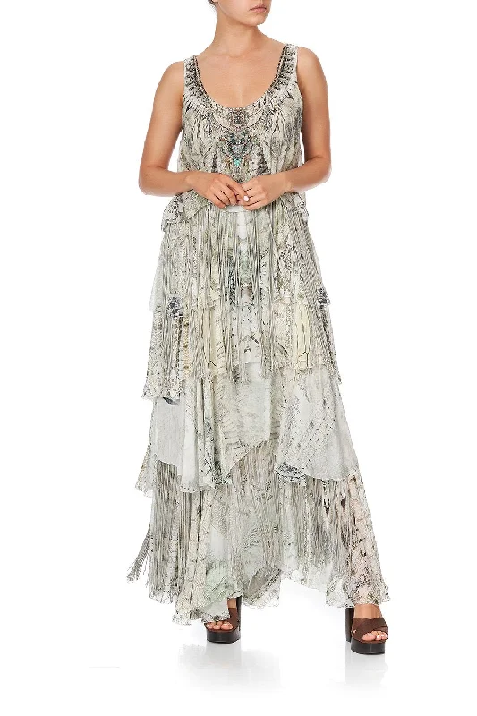 maxi dress with trumpet sleeves-LAYERED FRILL LONG DRESS DAINTREE DREAMING