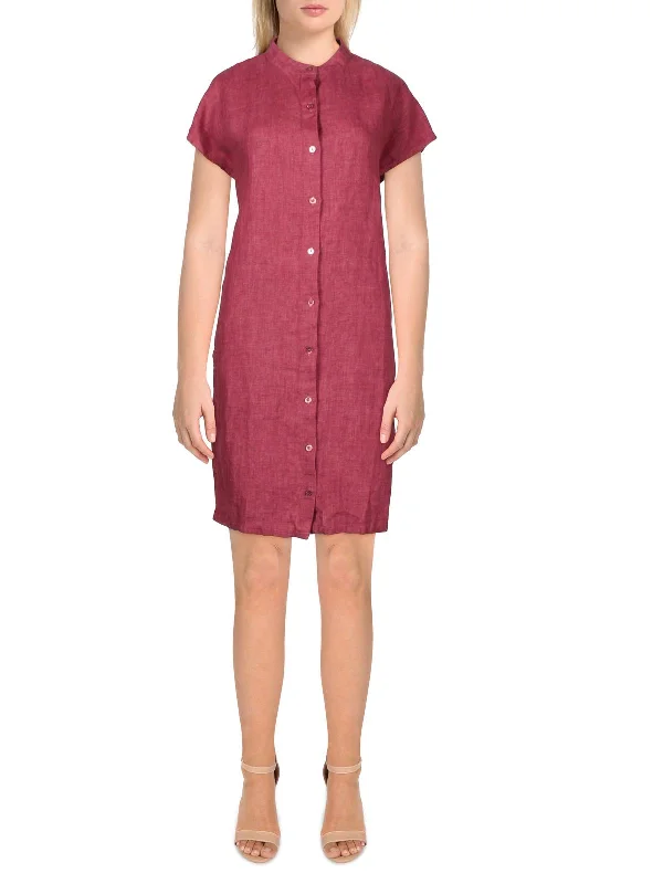 wedding guest mini dress-Womens Mandarin Collar Mini Shirtdress