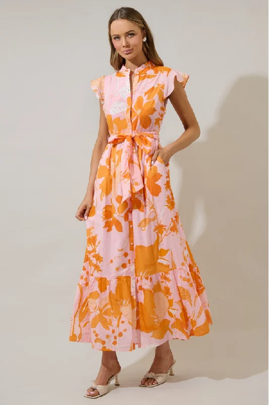 floral ruffle maxi dress-Lenira Floral Button Down Maxi Dress