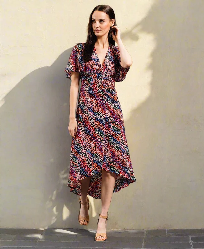 floral crochet midi dress-Multi-Coloured Animal Ruche Midi Dress