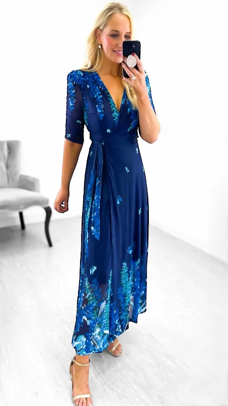 pleated cocktail dress-A2117 Ruthy Blue Floral Wrap Dress