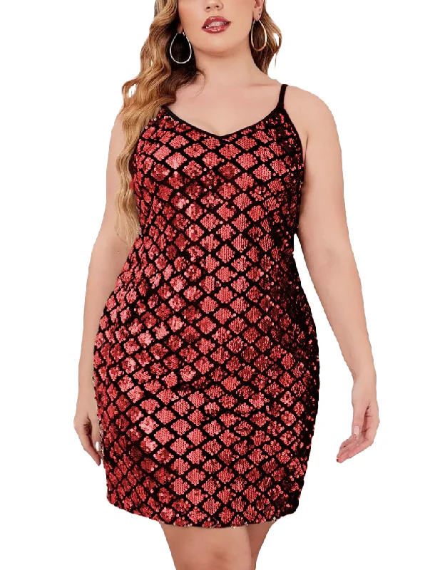 red cocktail dress-XL - ssb red geometric sequin party dress