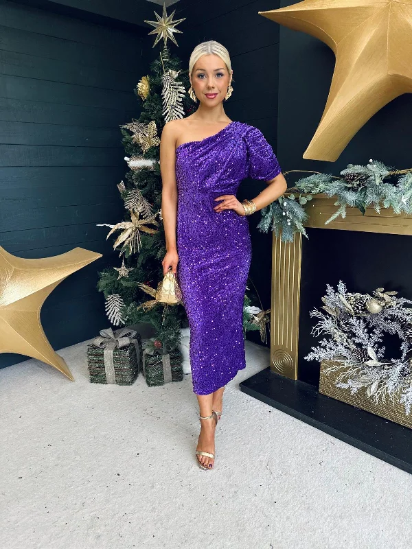 elegant lace midi dress-Georgia One Shoulder Sequin Midi Dress Violet