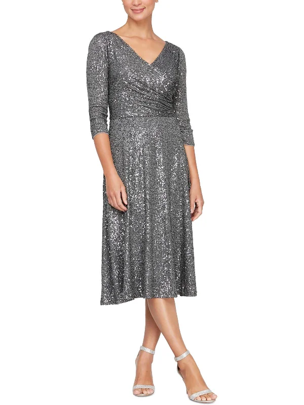 elegant satin cocktail dress-Petites Womens Mesh Embellished Cocktail and Party Dress