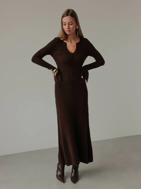 sleeveless wrap midi dress-Chic Wine Chocolate Brown Knit Midi Dress