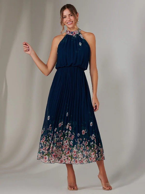 lace yoke maxi dress-Pleated Halterneck Maxi Dress, Navy Floral