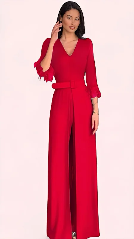 beaded cocktail dress-A1941 Red 2 Piece Trouser Set