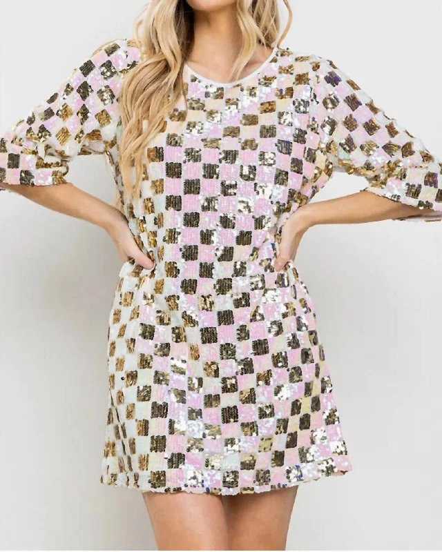 winter mini dress-Checkerboard Sequin Mini Dress In Pink