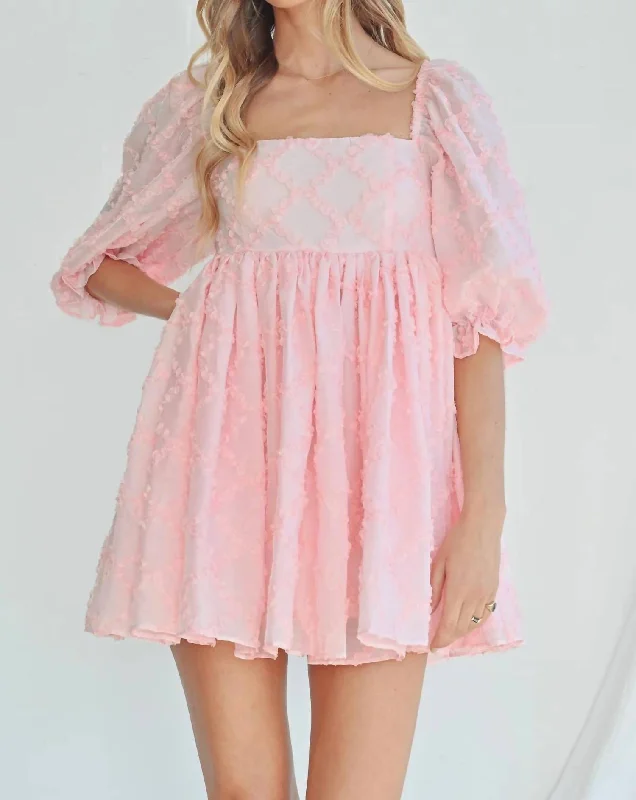 denim mini dress-Ribbon Textured Puff Sleeve Babydoll Mini Dress In Baby Pink