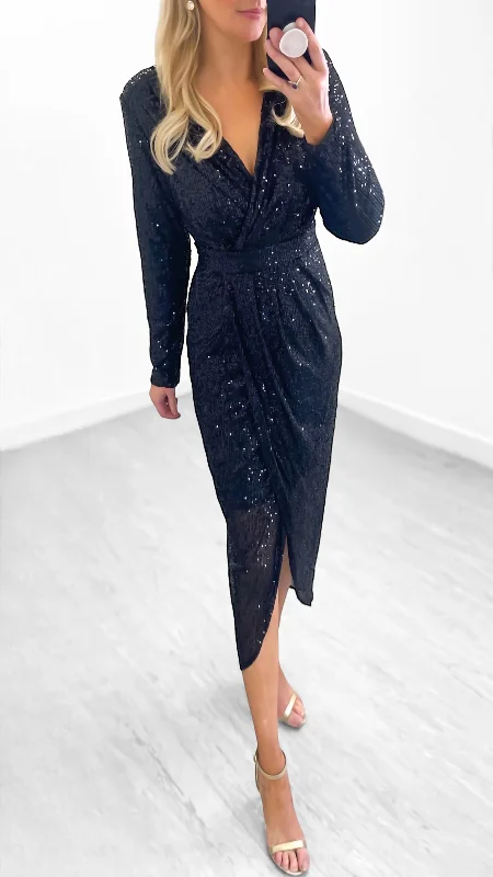 embellished cocktail dress-4-A1242 Black Alicent Sequin Tulip Dress