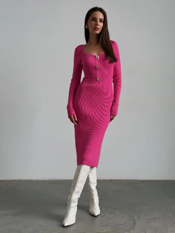 asymmetric hem midi dress-Striking Fuchsia Ribbed Midi Dress