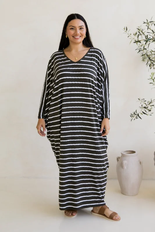 fitted maxi dress-Long Sleeve Maxi Miracle Dress | Moss Green/White Stripe