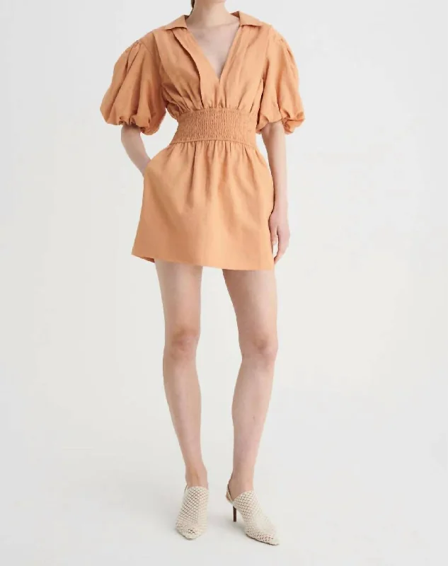 turtleneck mini dress-Skylar Shirred Waist Mini Dress In Tan