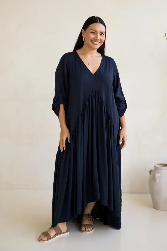 high-waist maxi dress-Long Sleeve Peak Maxi Dress | Navy