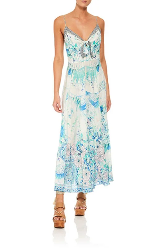 peasant style maxi dress-LONG DRESS WITH TIE FRONT HEAD IN THE CLOUDS