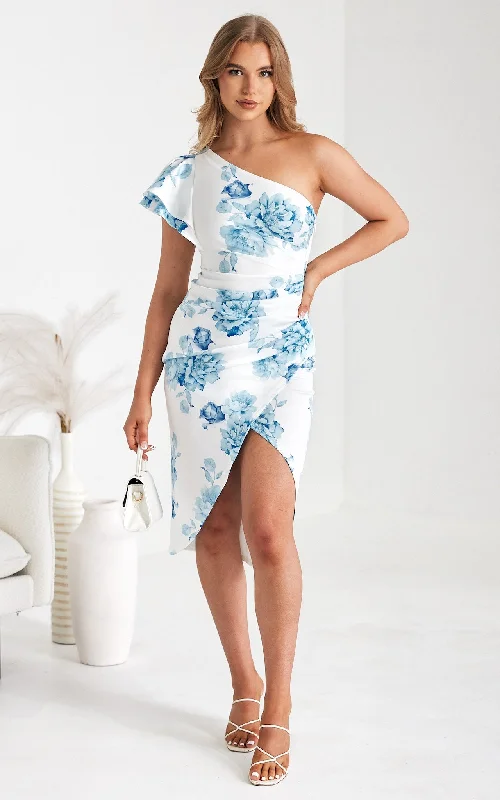 casual drawstring midi dress-Jace Midi Dress - White Blue Floral