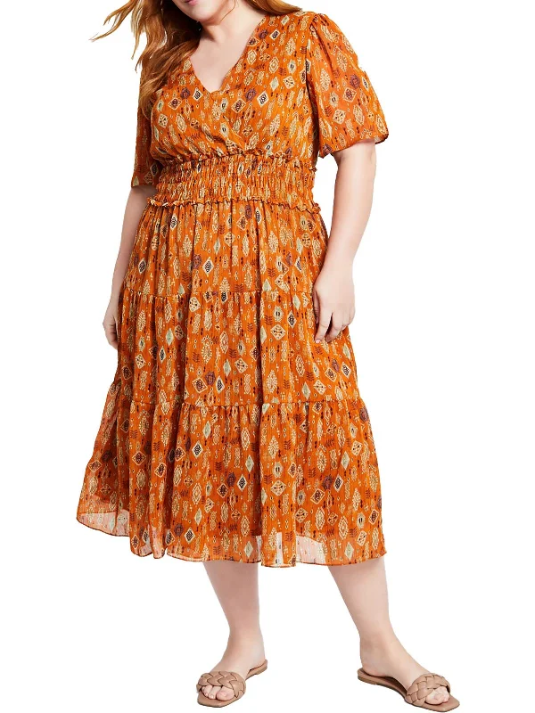 anniversary mini dress-Plus Womens Printed Chiffon Fit & Flare Dress