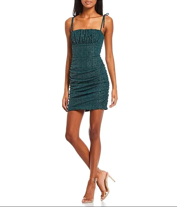 cocktail dress with puff sleeves-15 - city vibe green ruched party dress