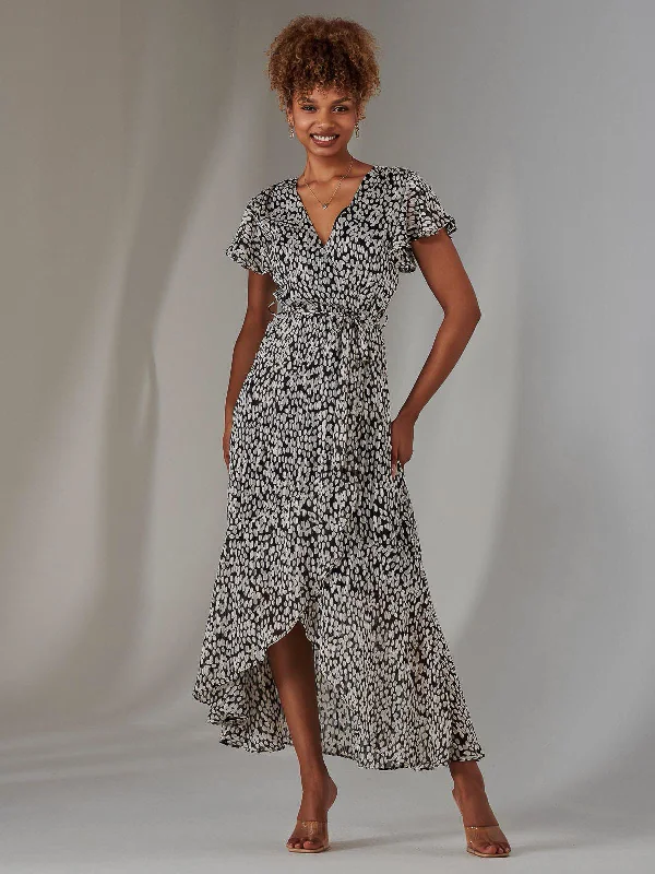 maxi dress with shirred waist-Chiffon Print Frill Dip Hem Maxi Dress, Black Spot