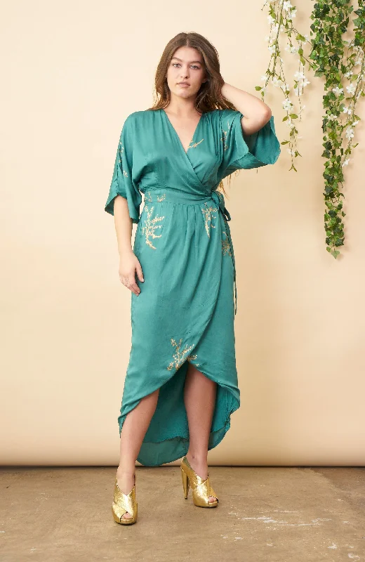 casual fit and flare maxi dress-Cherry Blossom Maxi Wrap Dress in Emerald + Gold