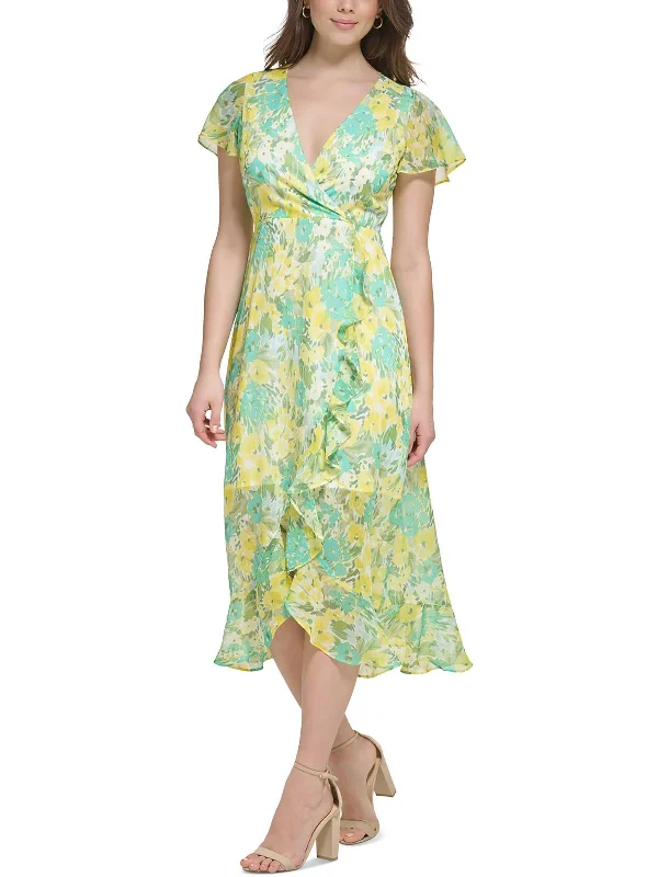 cocktail dress with trumpet hem-Womens Chiffon Floral Print Cocktail and Party Dress