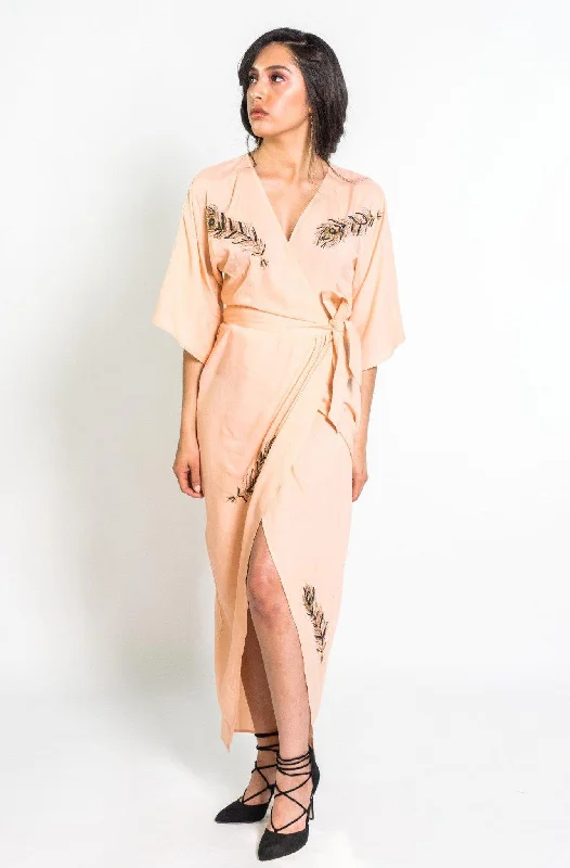 turtleneck winter maxi dress-Beaded Peacock Feather Maxi Wrap in Blush