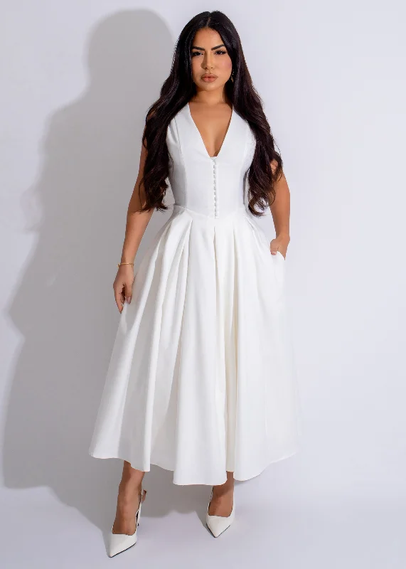 casual drawstring midi dress-Timeless Elegance Midi Dress White*