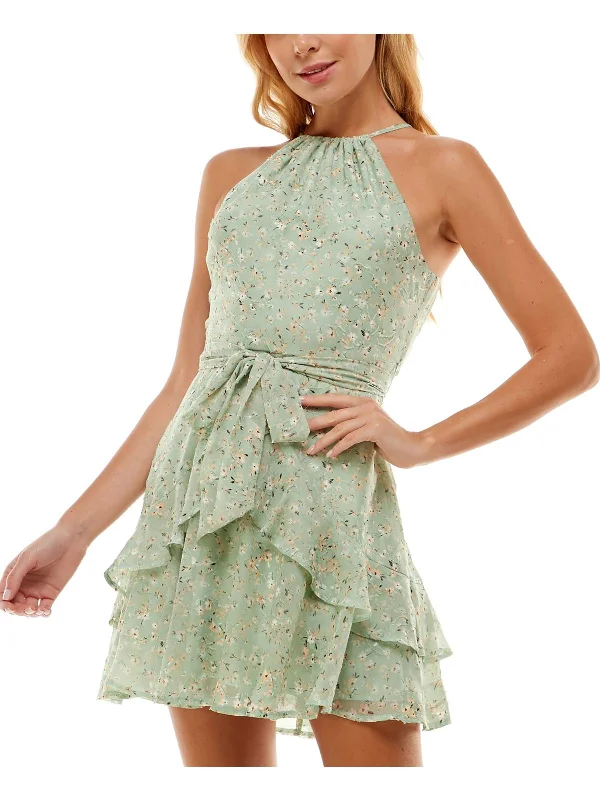 evening mini dress-Juniors Womens Floral Print Mini Halter Dress