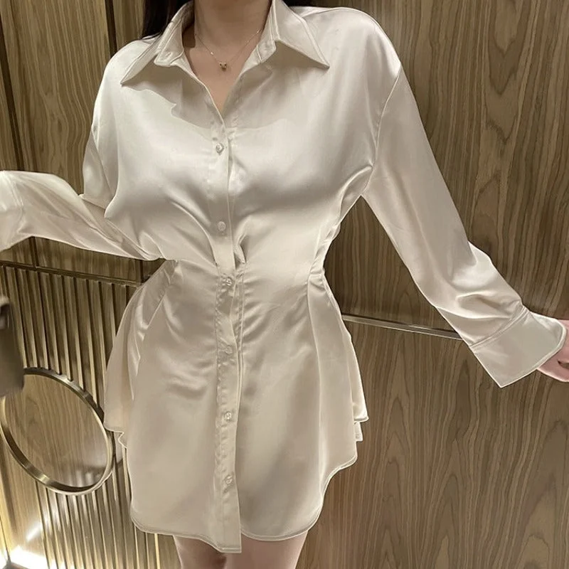 velvet mini dress-Long Sleeve Satin Mini Dress shirt dress  LL-004