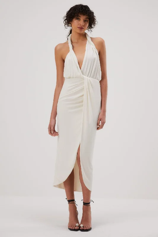 V-neck boho midi dress-Misha Cressida Slinky Jersey Midi Dress - Ivory