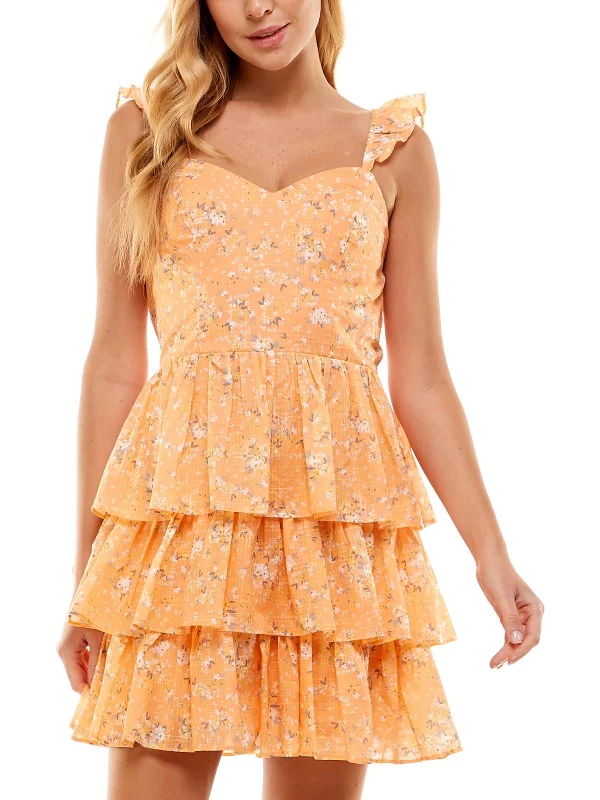 beaded mini dress-Juniors Womens Floral Tiered Fit & Flare Dress