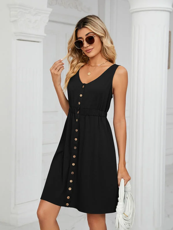 knit mini dress-Black Button Front A-line Mini Dress